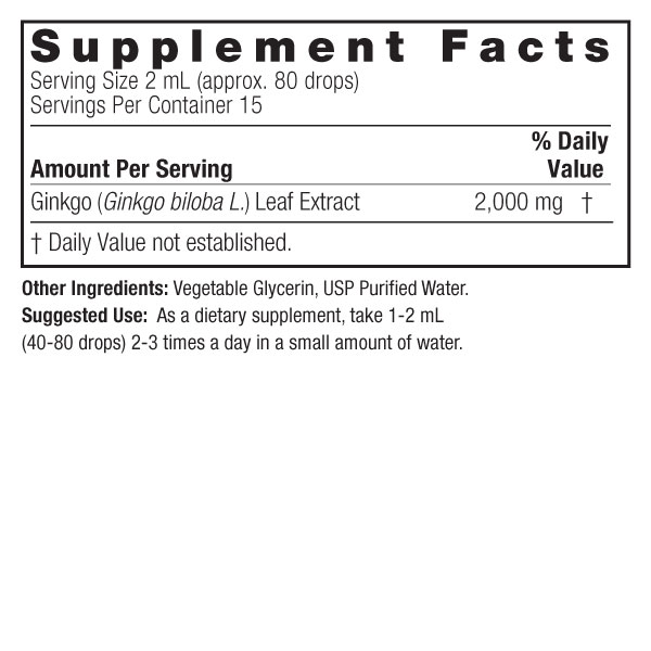 Ginkgo Biloba 1oz Alcohol Free Supplement Facts Box