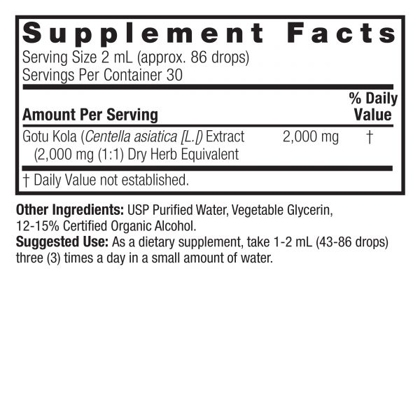 Gotu Kola 2oz Low Alcohol Supplement Facts Box