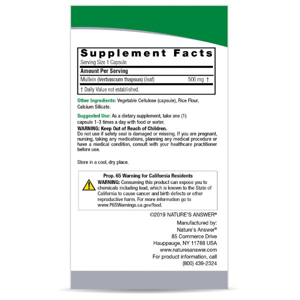 Mullein Leaf 90 v-caps Supplement Facts Box