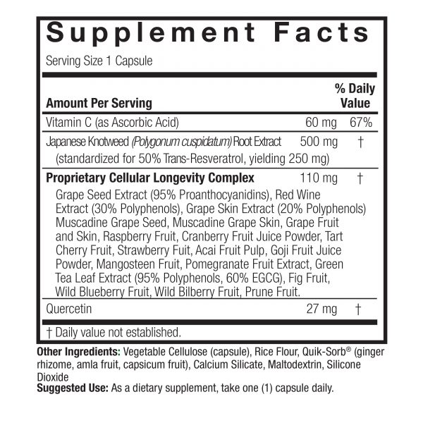 Resveratrol 250mg 60 v-caps Supplement Facts Box