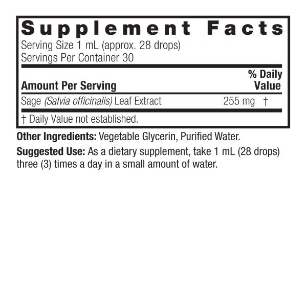 Sage Leaf 1oz Alcohol Free Supplement Facts Box