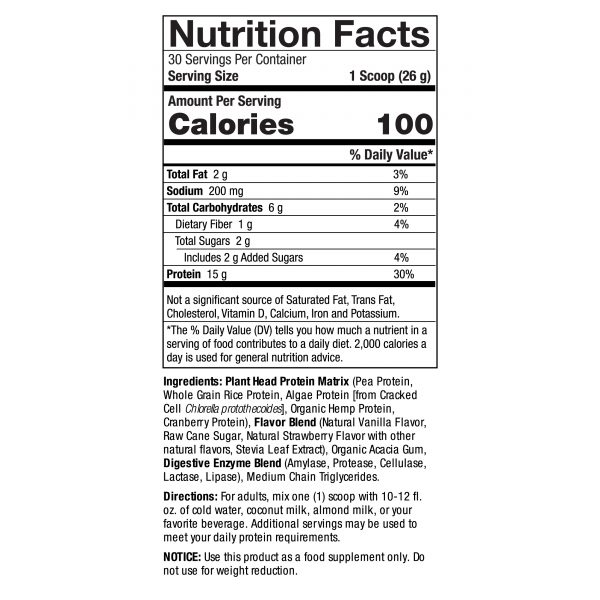 Plant Head Protein Strawberry 1.7 lbs (780g) Supplement Facts Box